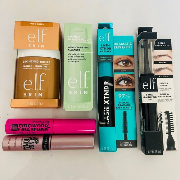 6 Elf & Maybelline Makeup Bundle - Mascaras, brow gel, bronzing drop, cleanser - Picture 1 of 5